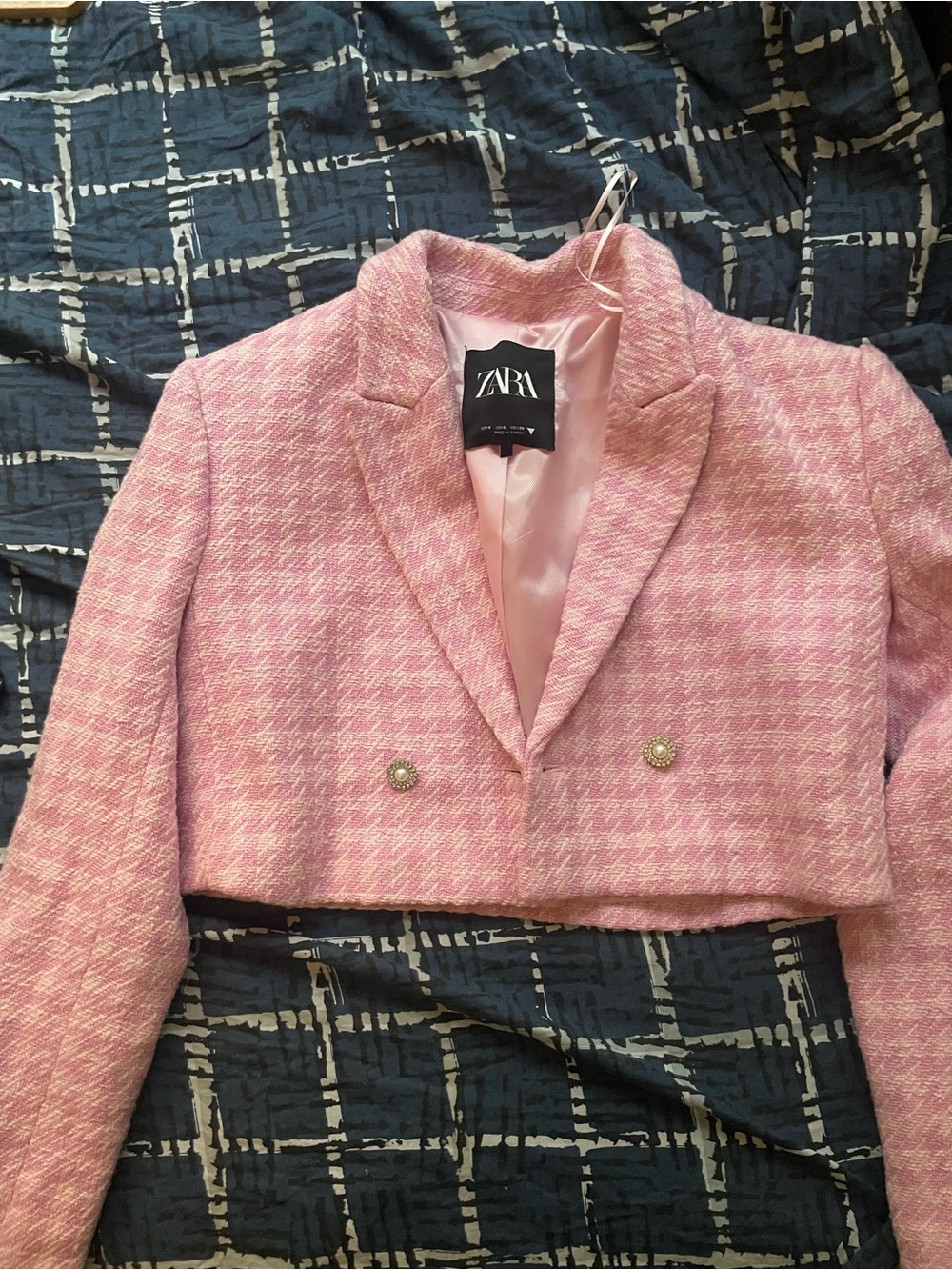 Zara Pink Cropped Tweed Blazer